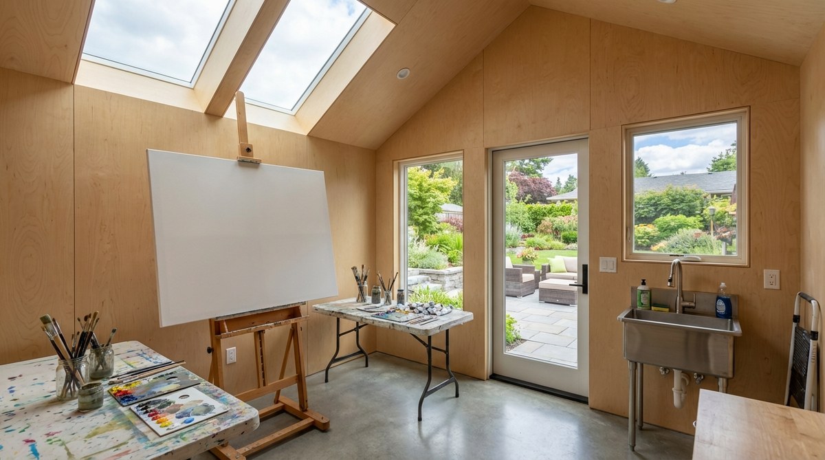 An interior view of a contemporary garden shed transformed into an artist painting studio, featuring high ceilings for large canvases, north-facing skylights for consistent indirect lighting, smooth birch plywood walls, a dedicated sink for brush cleaning, and solvent-resistant sealed concrete flooring.