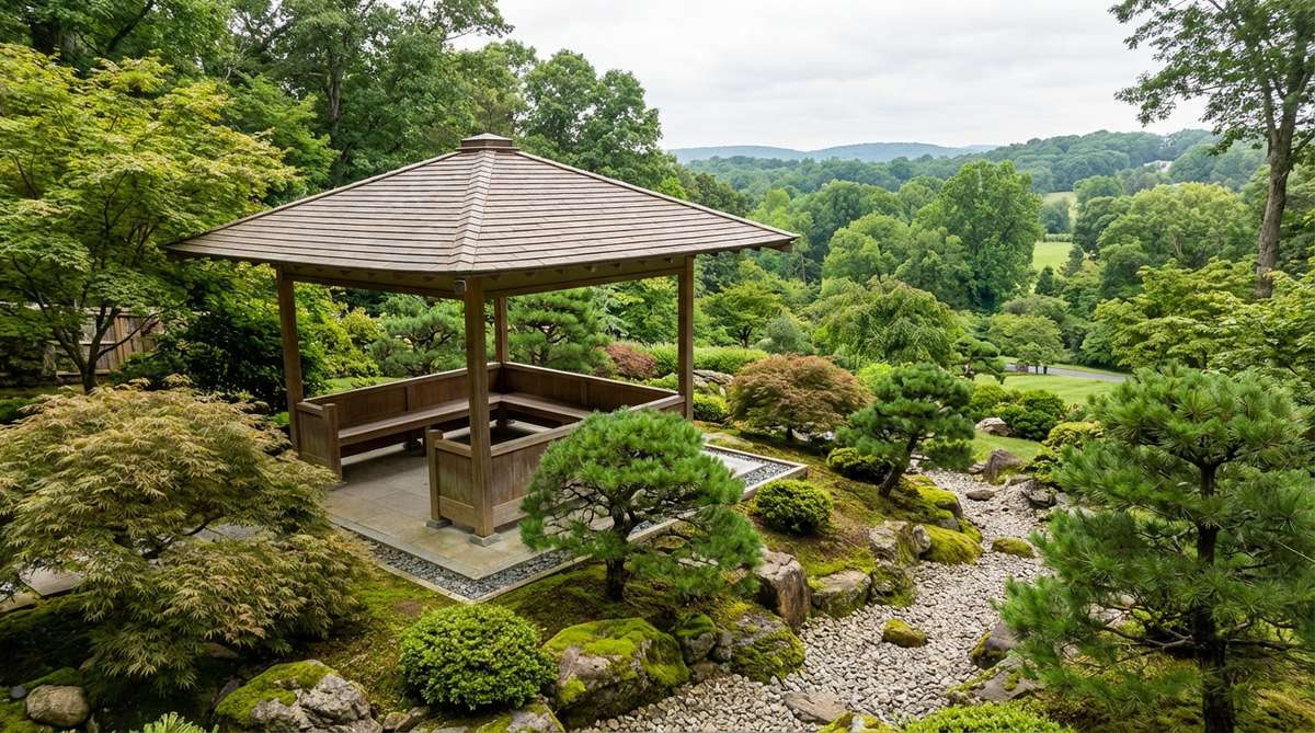An Azumaya gazebo bench in a Japanese garden setting, featuring a four-posted open structure with perimeter benches for group contemplation. The bench provides shelter while maintaining visual connection to the surrounding gardens, positioned at a high point to extend views to borrowed scenery beyond property lines.