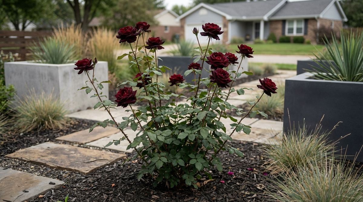 A deep velvety crimson hybrid tea rose with blooms that appear almost black, ideal for dramatic and minimalist contemporary gardens. Features long-stemmed flowers perfect for cutting and sturdy upright growth up to 4 feet tall.