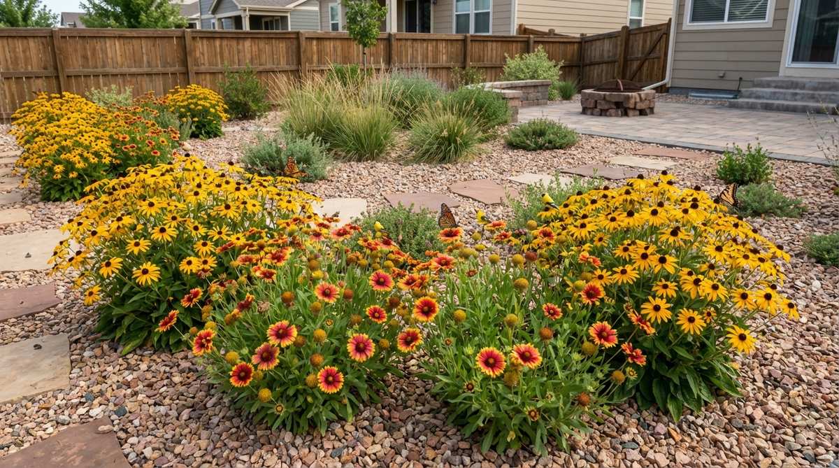 A vibrant gravel garden bed featuring Rudbeckia hirta (Black-Eyed Susan) with golden-yellow daisies and chocolate centers, alongside Gaillardia × grandiflora (Blanket Flower) displaying red-and-yellow bicolor blooms. The plants are arranged in large informal groups, attracting butterflies, bees, and goldfinches, and are drought-tolerant, thriving in poor soil conditions.