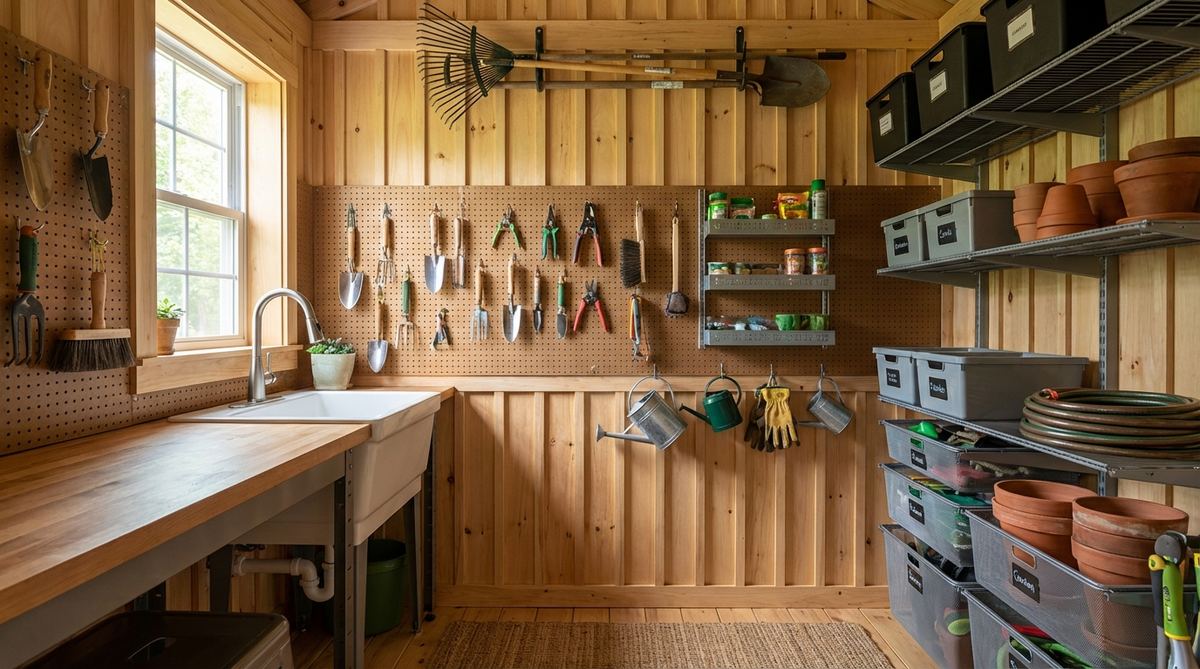 A detailed view of board-and-batten siding in a garden shed, featuring vertical lines that enhance height, with interior pegboard systems, adjustable shelving, and overhead racks for organized tool storage, including a work sink for cleaning tools and produce.