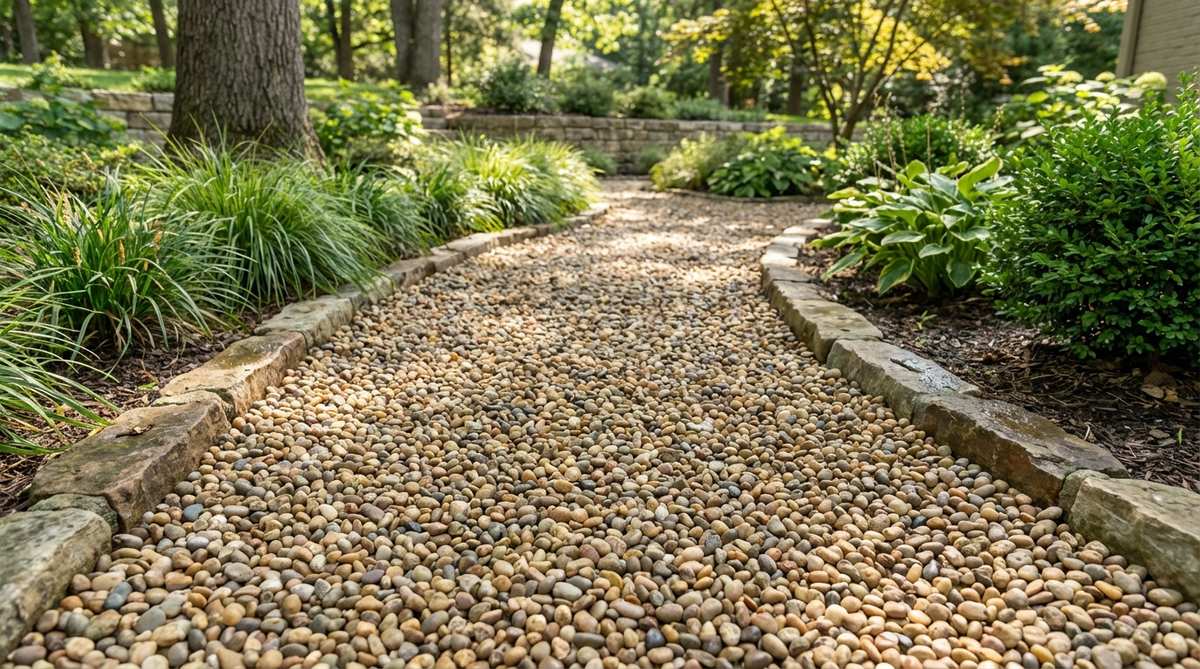 A close-up view of a garden pathway made with pea gravel, bordered by steel, wood, or stone edging to contain the rounded pebbles. The gravel is shown at a depth of 2-3 inches over a compacted base, highlighting its smooth texture and good drainage properties, ideal for comfortable barefoot walks.