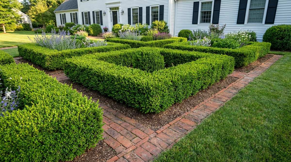 A traditional garden border featuring clipped boxwood hedges paired with brick edging, creating a formal parterre-style design. The evergreen boxwood provides year-round structure that complements the geometric brick border, with plants positioned 12 inches behind the brick edge for easy maintenance. This double-edging system effectively controls aggressive perennials and prevents soil migration while requiring minimal irrigation in well-drained conditions.