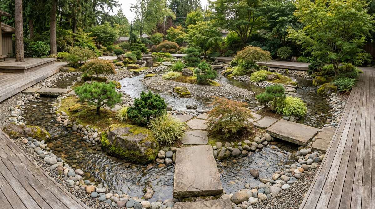 A detailed view of a braided channel system in a Japanese Zen garden, showing multiple parallel streams that separate and rejoin to create an organic, natural pattern. The wide, shallow watercourse features varied island sizes between channels, suggesting natural sediment bars. This complex horizontal arrangement demonstrates how braided systems work best in wider garden spaces where the pattern can be clearly appreciated.
