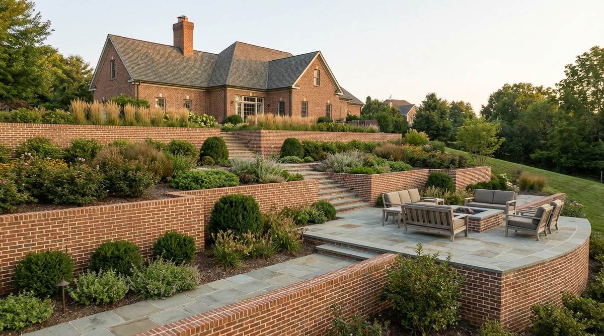 Clay brick walls with mortar joints creating formal terraces, featuring running bond and flemish bond patterns for visual texture, used in garden design on a slope with traditional architecture styles.