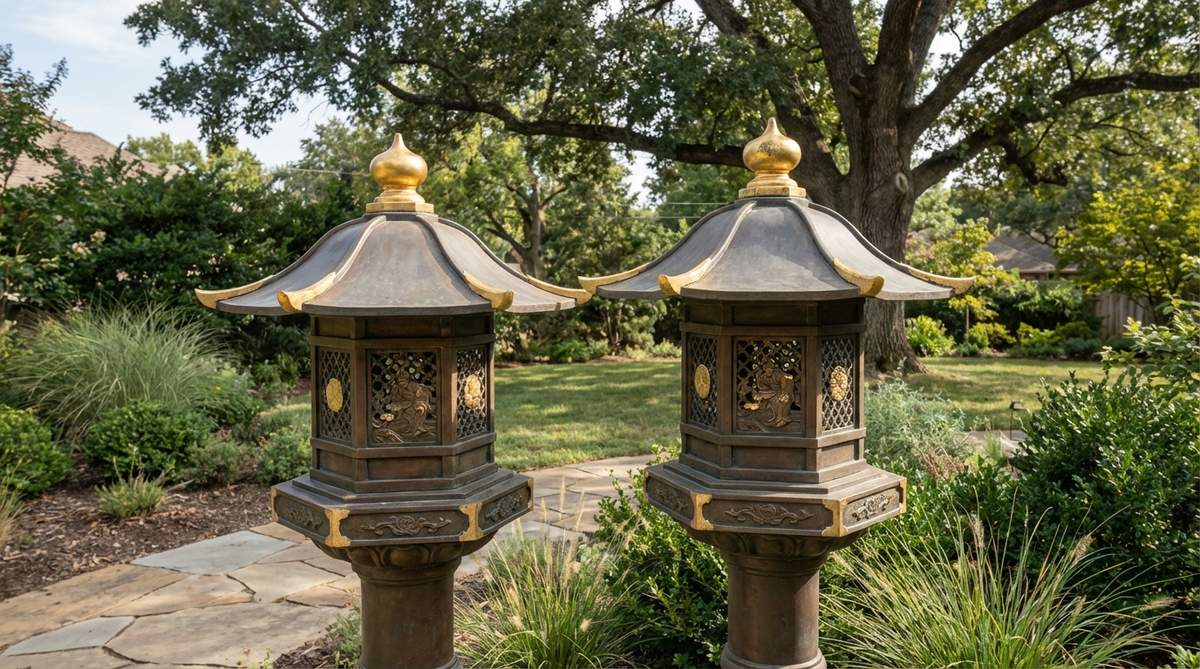 A premium bronze Japanese garden lantern featuring gold-gilt accents on finial tips, roof edges, and decorative relief elements. The metallic contrast creates striking focal points that catch sunlight during daytime hours, with traditional gold leaf or modern resin coating applications. Ideal for use as a sparing garden focal point to enhance overall composition without overwhelming the space.