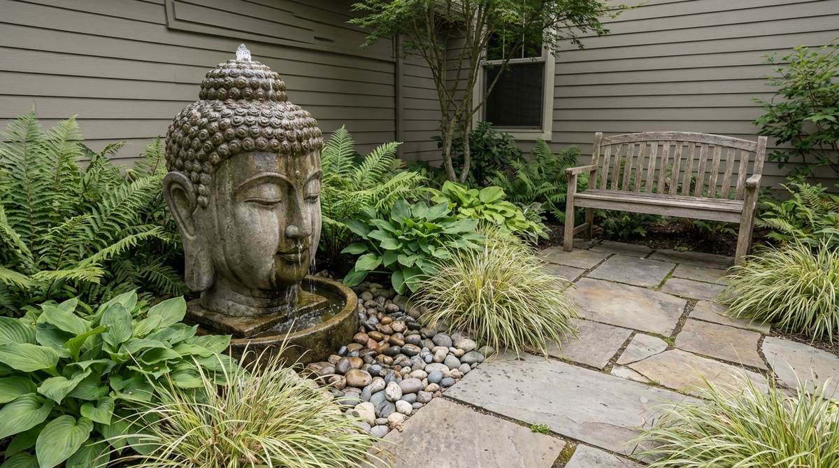 A serene Buddha head fountain where water flows from the crown chakra down the face, symbolizing enlightenment and spiritual cleansing. This weather-resistant resin or stone sculpture features a gentle facial flow that produces soft sounds, ideal for meditation in courtyard settings.