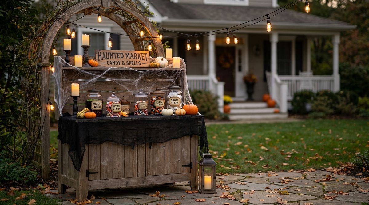 A Halloween candy station styled as a haunted market cart, featuring a rolling bar cart or potting bench decorated with black burlap, lidded jars labeled with potion names, battery candles, small pumpkins, and string lights for night visibility. Perfect for trick-or-treaters and outdoor Halloween decor.