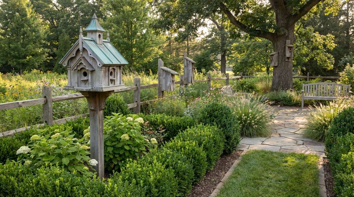 Functional cedar birdhouses serving as garden decor ornaments, featuring rot-resistant western red cedar that weathers to a silver-gray patina. Includes decorative versions with copper roofs and detailed trim for formal gardens, and rustic slabs for cottage styles.