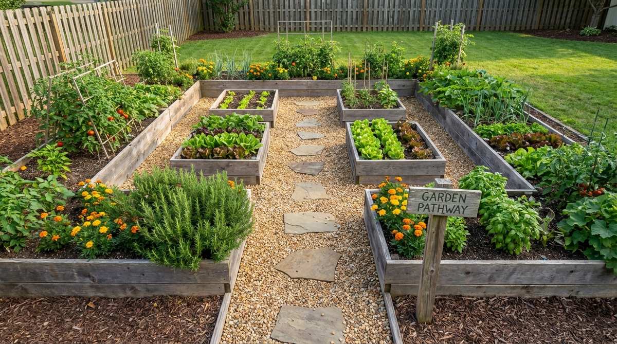 A diagram illustrating a mini garden bed design with a central pathway and side planting pockets, showing how to maximize space and access for efficient gardening.