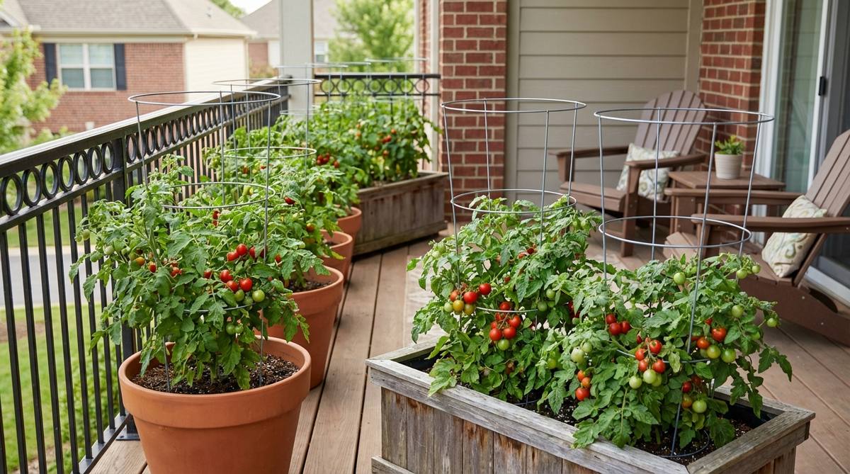 Compact cherry tomato plants with abundant small fruits growing in containers on a sunny balcony, showing support cages and healthy green foliage.