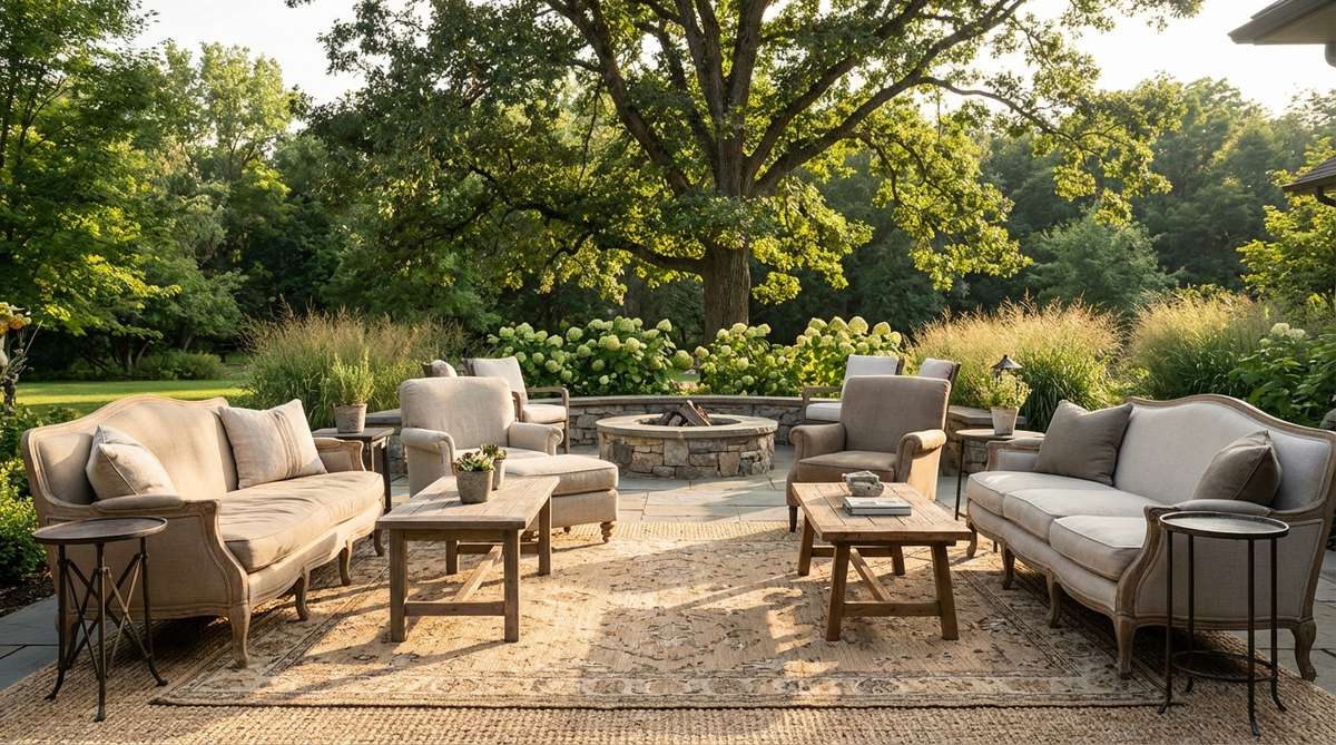 A separate lounge zone featuring mismatched vintage sofas, armchairs, and coffee tables arranged in conversational groupings, positioned to frame views of landscape features or focal decor elements, with outdoor rugs defining the lounge footprint and providing textural warmth.