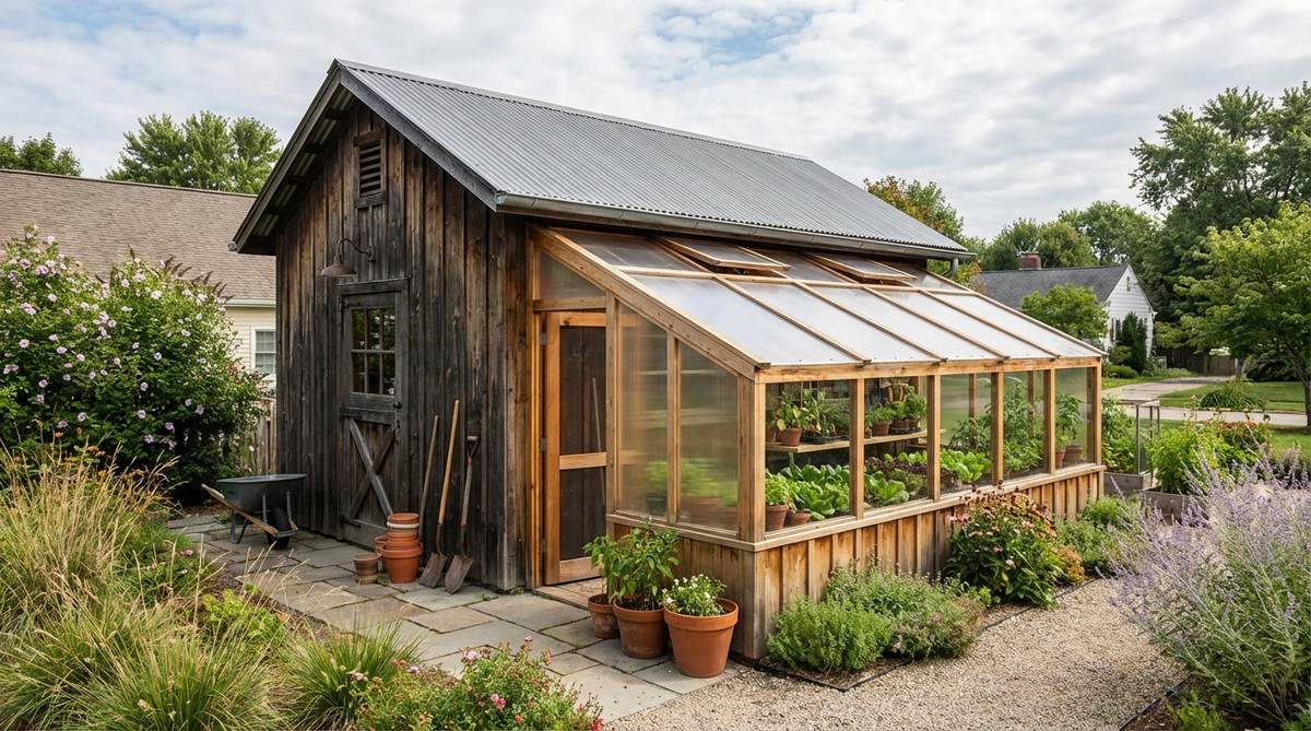 A small garden shed with an attached cold frame extending from its south-facing wall, showing how the structure supports both storage and season-extending gardening activities like growing salad greens and overwintering plants.
