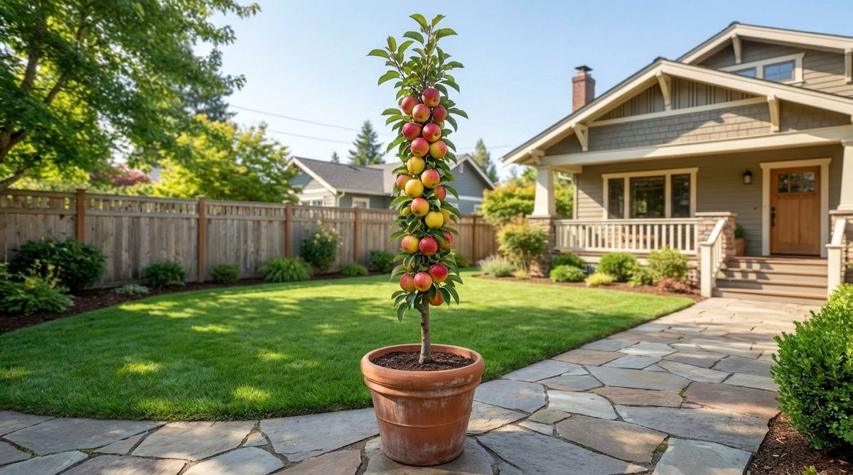 A columnar apple tree, such as the Colonnade Apple, growing vertically with a narrow profile of about 2 feet wide and 8-10 feet tall, ideal for small gardens or containers. The image shows fruit spurs emerging directly from the trunk, with varieties like Scarlet Sentinel, Golden Sentinel, or Northpole, highlighting its space-saving design for high-density planting in limited spaces.