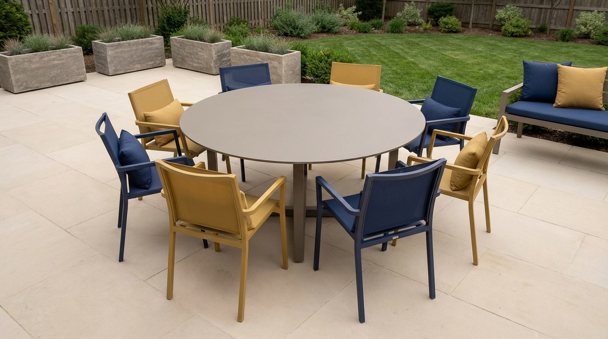 A contemporary garden setting featuring a matte black or warm gray table surrounded by chairs in alternating bold colors like deep blue and mustard, creating a playful and modern graphic ring. The scene includes planters or cushions that echo the chair colors, turning the dining set into a focal art piece on a large, plain patio.