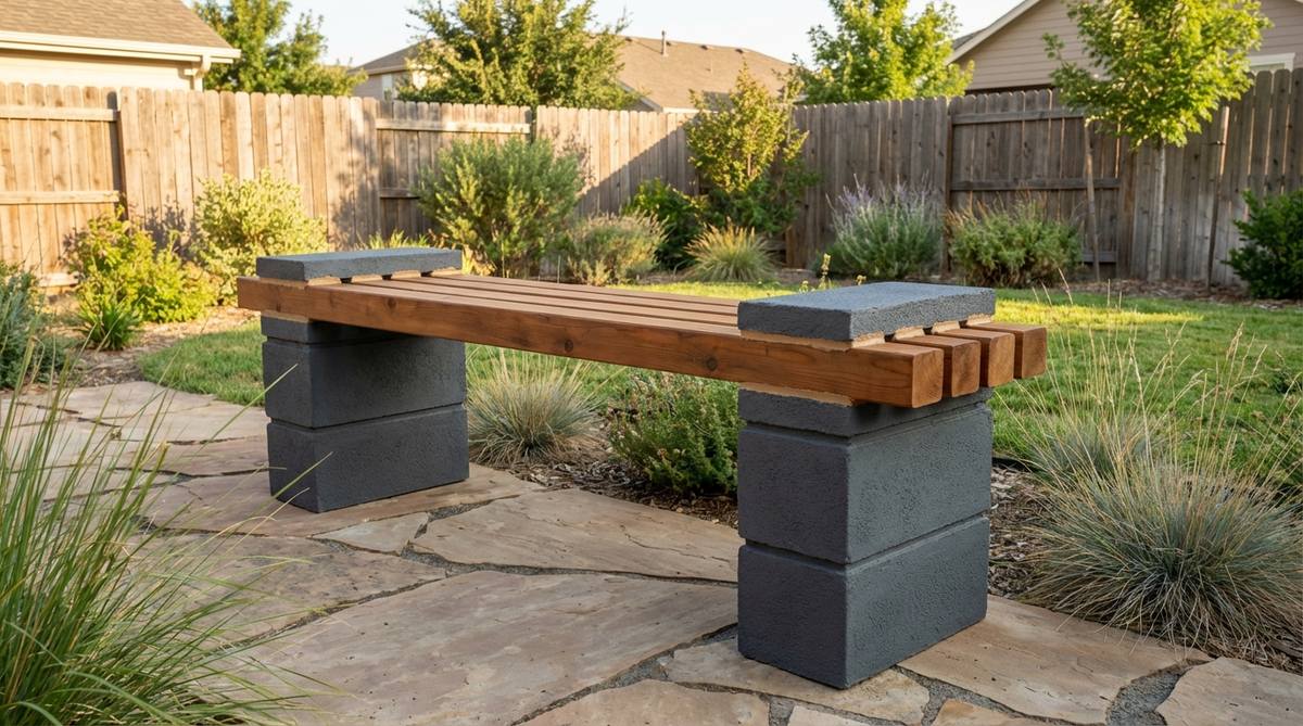 A modern garden bench with legs made from stacked 8x8x16-inch concrete blocks, showing wood slats attached to capping pieces using construction adhesive. The blocks are painted or stuccoed to match landscape style, demonstrating a quick assembly method without formwork or curing wait times.
