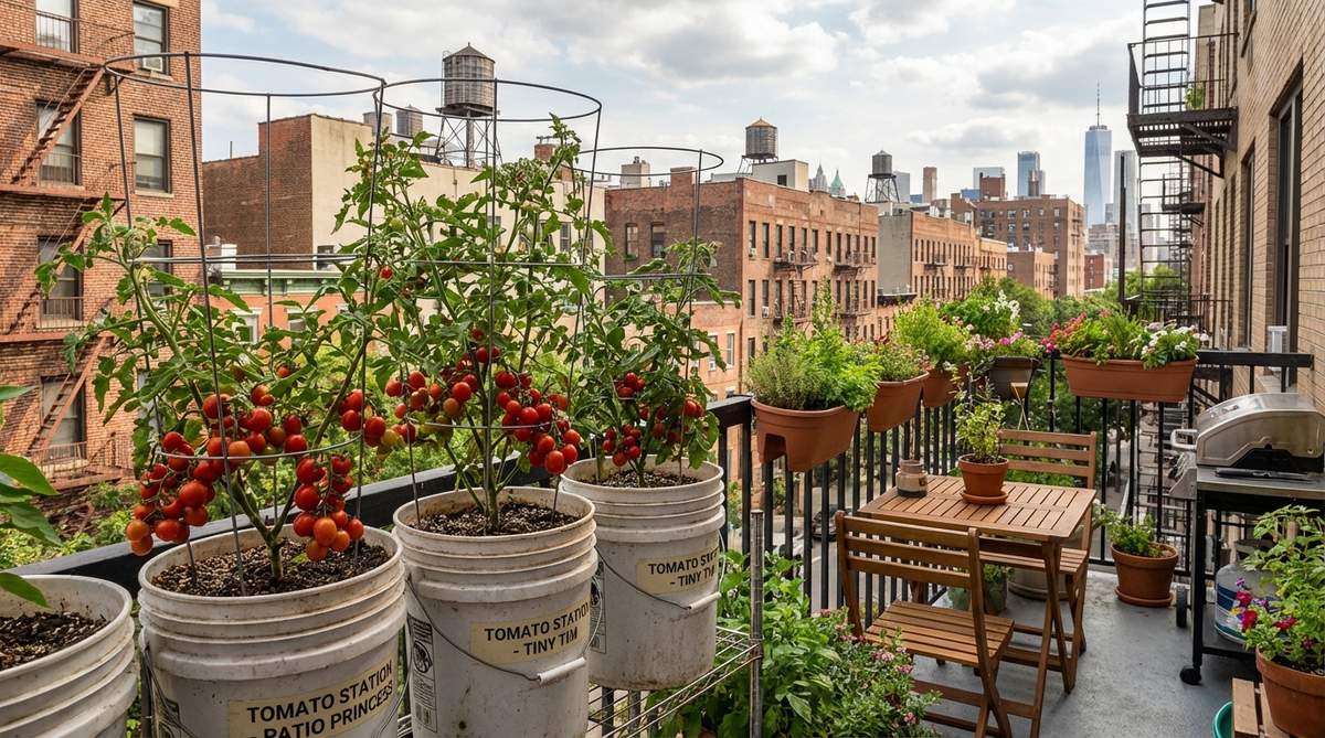 A balcony garden in NYC featuring container tomato stations with determinate varieties like Patio Princess and Tiny Tim growing in 5-gallon buckets, supported by tomato cages and producing abundant cherry and grape tomatoes.