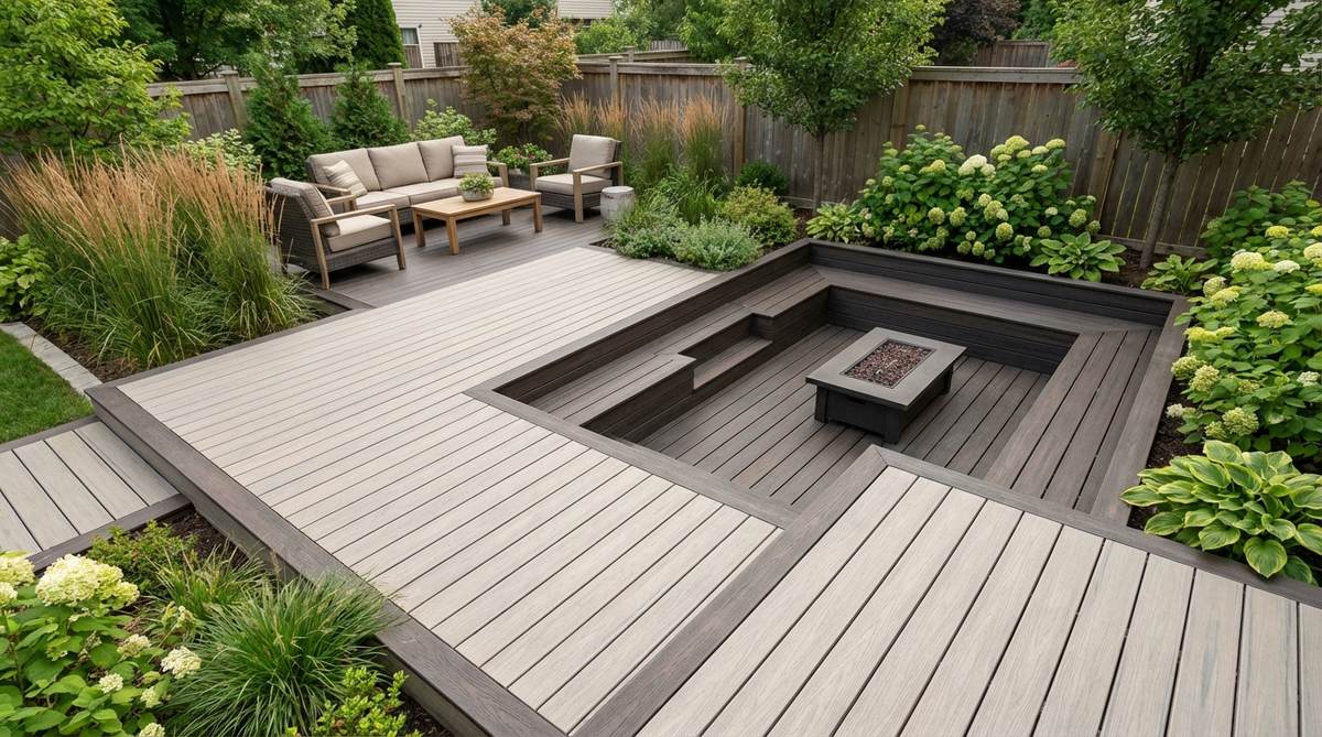 A small garden decking design featuring contrasting color blocks, with lighter composite decking in high-traffic circulation zones and darker tones in dedicated seating areas, creating clear visual boundaries and defined functional spaces.