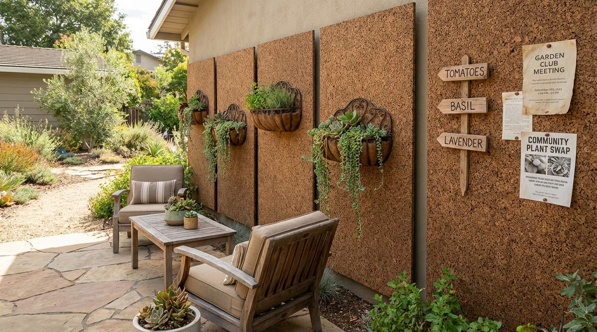 Sustainable cork bark panels with natural texture and warm brown tones, ideal for outdoor decor walls. These moisture-resistant panels can be used as accent walls behind seating areas, backing for hanging planters, or as natural bulletin boards for garden markers and event notices.