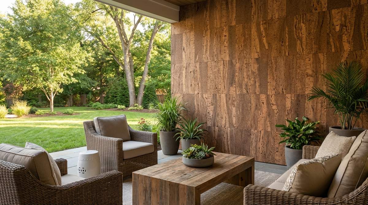 Sustainable cork wall panels with warm brown tones and natural texture, ideal for creating earthy boho decor with acoustic benefits and eco-friendly design.