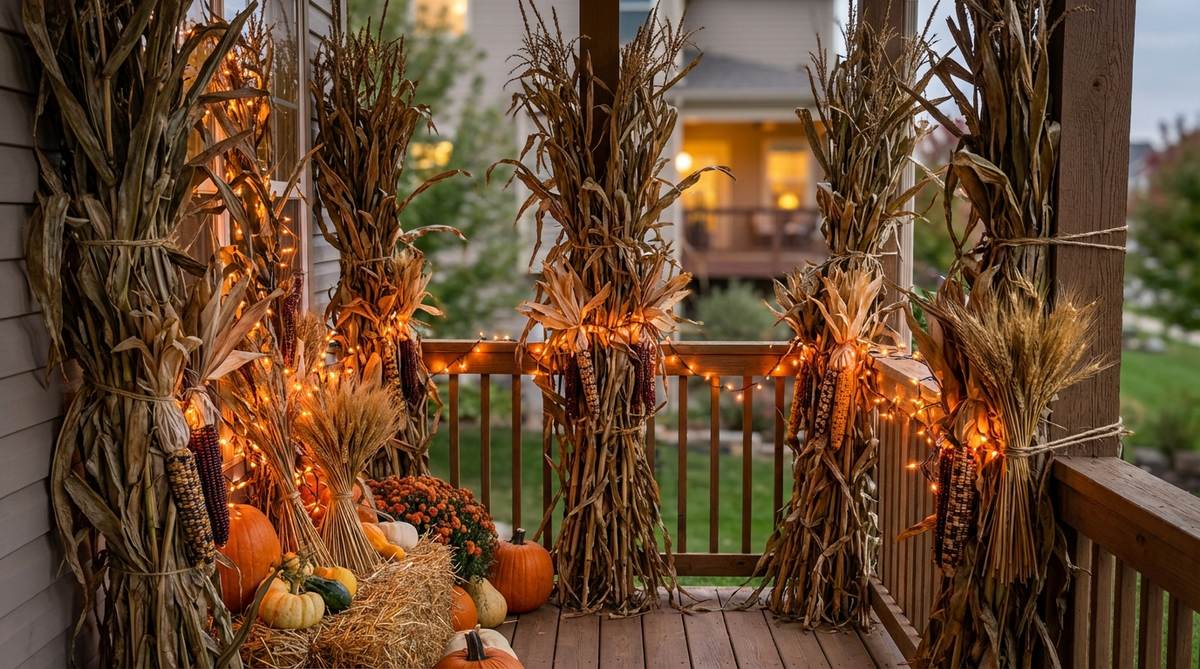 A rustic Halloween balcony decoration featuring bundles of dried corn stalks lashed to corners, creating a vertical forest effect reminiscent of harvest fields. Indian corn and wheat sheaves add textural detail, with orange fairy lights woven through for evening illumination. The natural materials provide an organic, environmentally conscious alternative to plastic props.