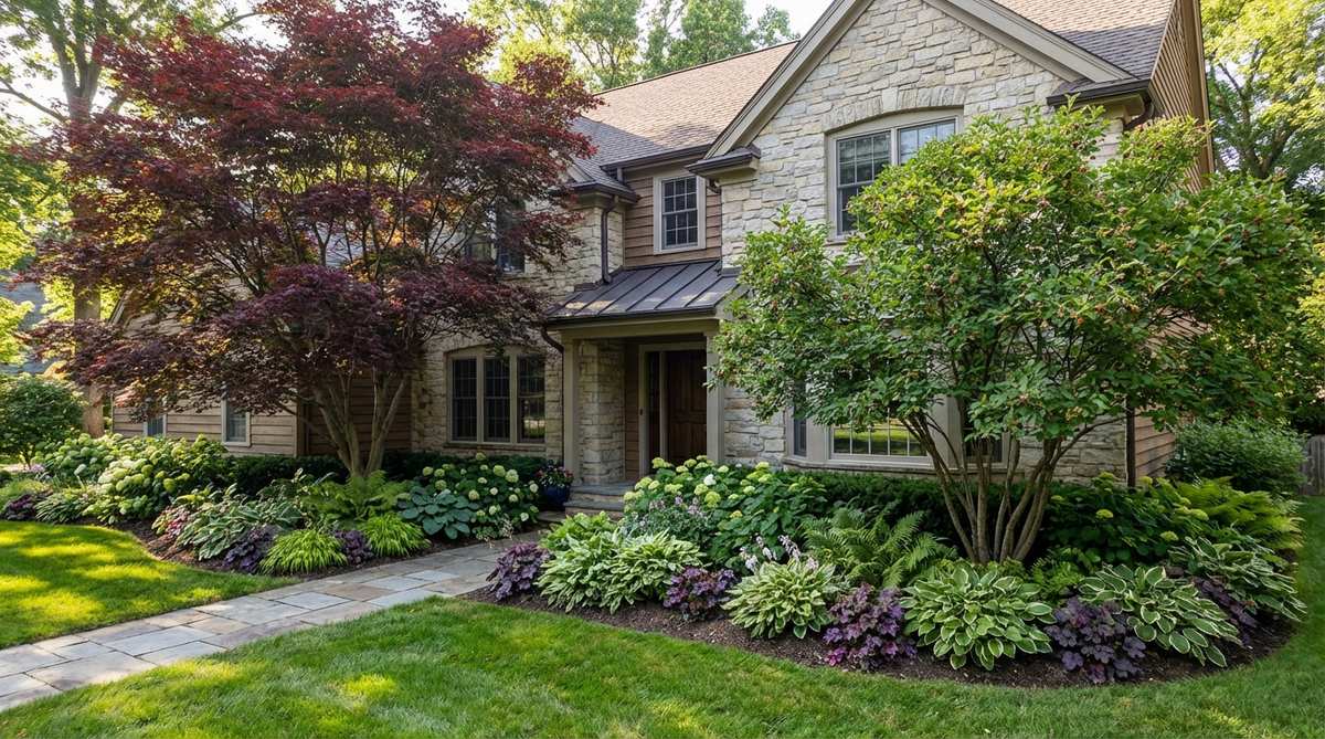 An image showing larger statement plants like Japanese maple, serviceberry, or crape myrtle placed at the corners of a home to visually anchor the structure and frame the garden composition. The scene includes vertical punctuation marks created by these corner specimens, with underplanting of shade-tolerant shrubs and perennials beneath the canopy, illustrating how they help large facades feel proportionate and accommodate mature growth without crowding walls.