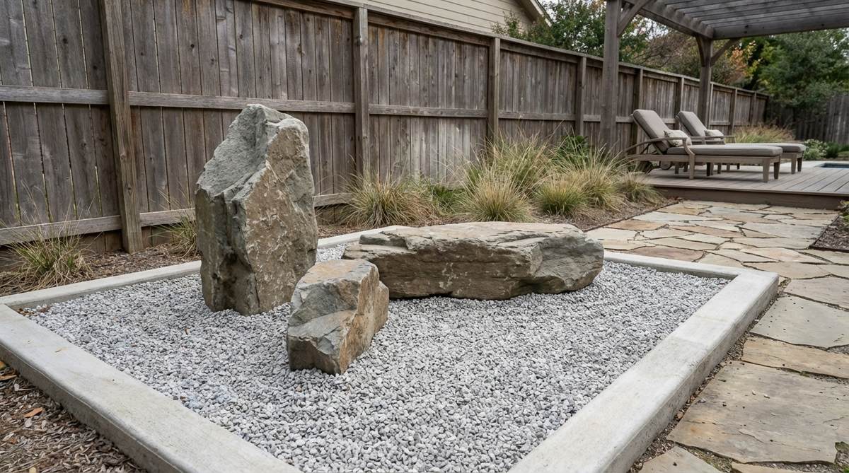 A minimalist Japanese rock garden installation in an unused corner, featuring three carefully selected stones (vertical, horizontal, and transitional) arranged on a small gravel field within concrete edging, representing a complete symbolic landscape in miniature for daily meditation practice.