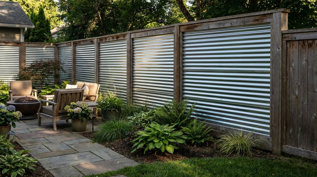 A modern small garden fence featuring horizontal corrugated metal panels with industrial aesthetics, providing durable low-maintenance boundaries with structural rigidity. The reflective metal surface bounces light into shaded garden areas, framed with wood borders to soften the industrial appearance and integrate with traditional garden elements.