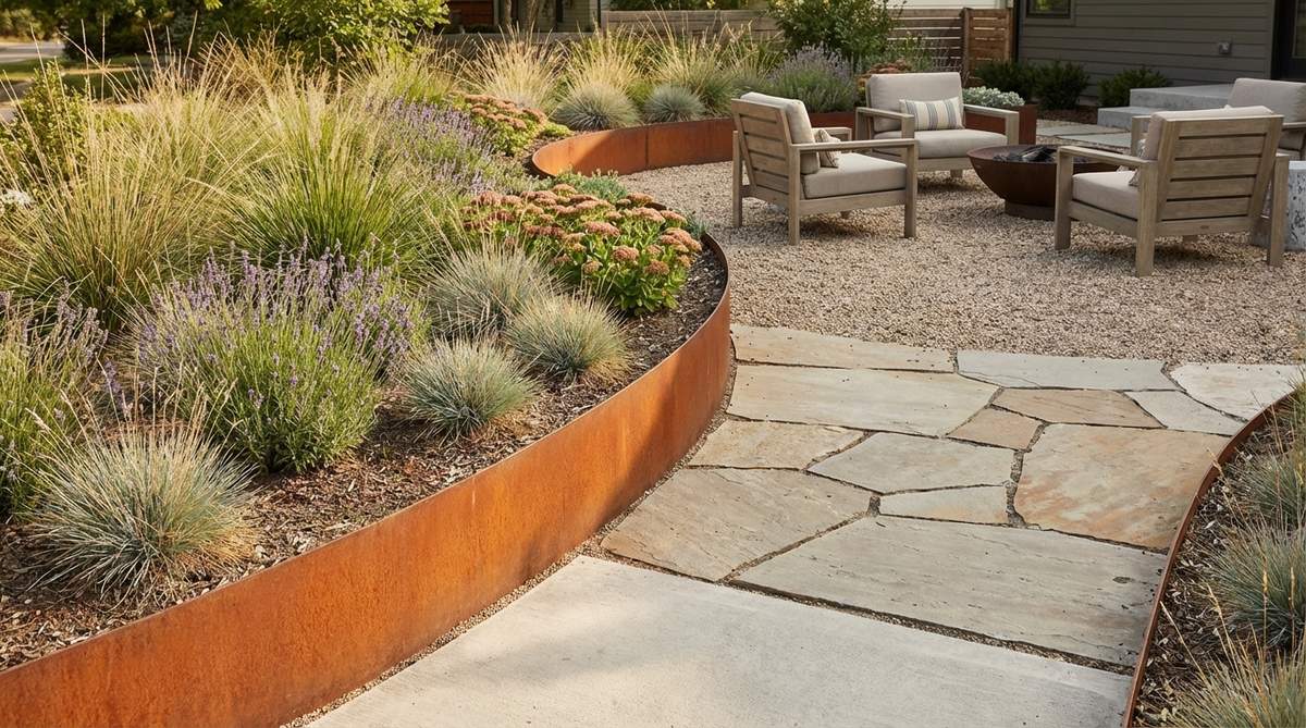 Corten steel edging defining a planting bed with its distinctive rust-orange patina, creating a crisp visual separation against concrete and stone in a modern outdoor landscape design.
