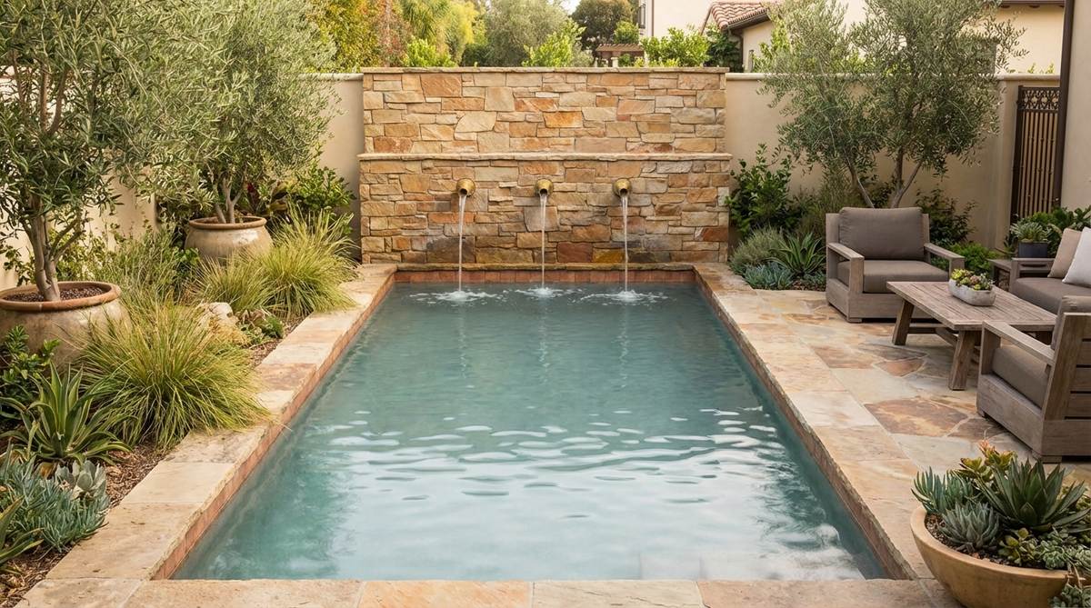 A small rectangular pool (8x12 feet) in an enclosed courtyard, featuring a decorative fountain wall with water spouts that spill into the pool, creating soothing acoustics. The wall conceals equipment and enhances the space with tile mosaics or stacked stone for Mediterranean or contemporary aesthetics, making the courtyard feel larger and extending the swimming season in a private microclimate.