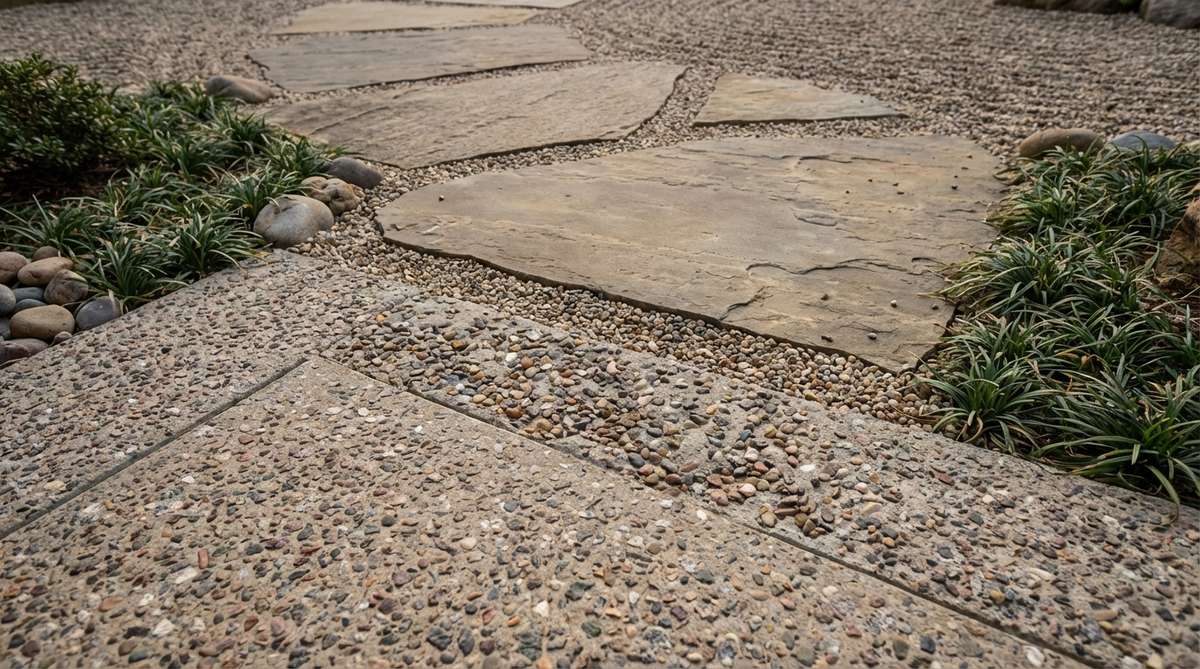 A close-up view of a modern Zen garden floor featuring crushed granite inlays embedded in a concrete surface. The granite particles add color variation and slip resistance, creating a mixed-material effect that unifies concrete paths with natural stone elements. The image shows the textural transition zone between different materials, highlighting the partial embedment achieved by tamping with a float.