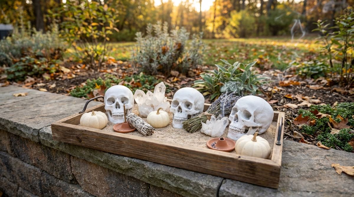 A bohemian Halloween decoration featuring white painted skulls arranged with clear quartz crystals and white pumpkins on a wooden tray with sand base. Dried herbs and incense holders complete the mystical, witchy aesthetic perfect for spiritual Halloween themes.