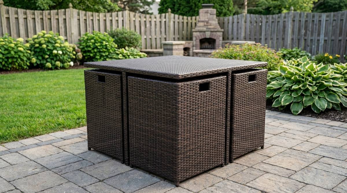 A compact cube-shaped dining set with stools that tuck completely under a square table, forming a perfect 32-inch cube. Features synthetic rattan over aluminum frames for weather resistance, with backrests that align with table edges when nested to create clean geometric lines. Occupies less space than a single traditional patio chair when stored.