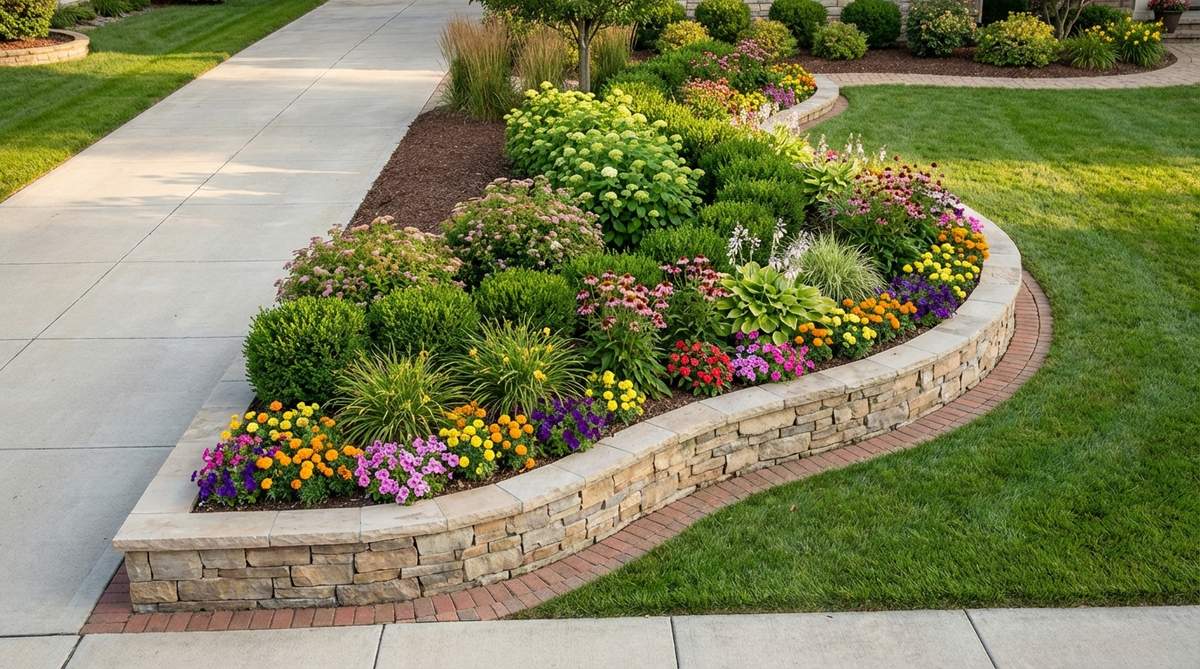 A gently curved raised flower bed with layered planting in a small garden, featuring shrubs, perennials, and annuals arranged in gradually stepping heights. The soft S-curve design contrasts with straight driveways and sidewalks, guiding the eye smoothly across the yard while maintaining mowing strips and access.