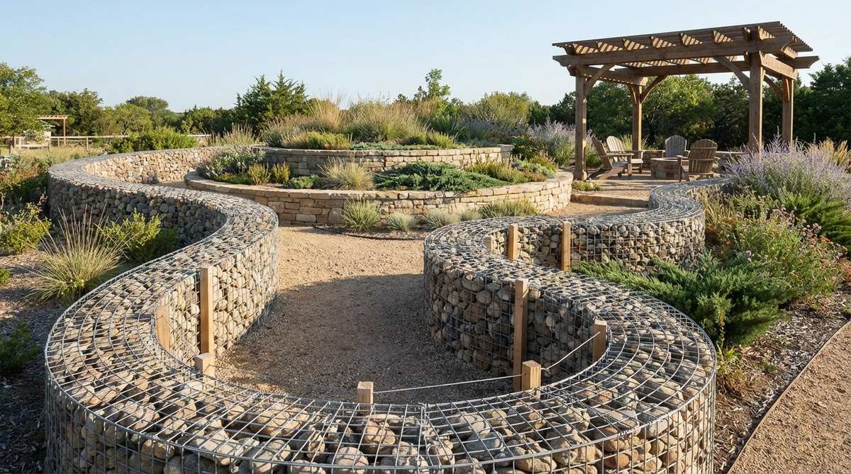 A curved gabion retaining wall made of flexible wire mesh filled with stones, following gentle organic curves to define serpentine garden pathways. The wall shows smaller cage sections maintaining smooth radius around curves, with stakes providing tension on the inside of curves. This natural-looking retaining wall wraps around rounded terraces and guides circulation patterns in a stone garden.