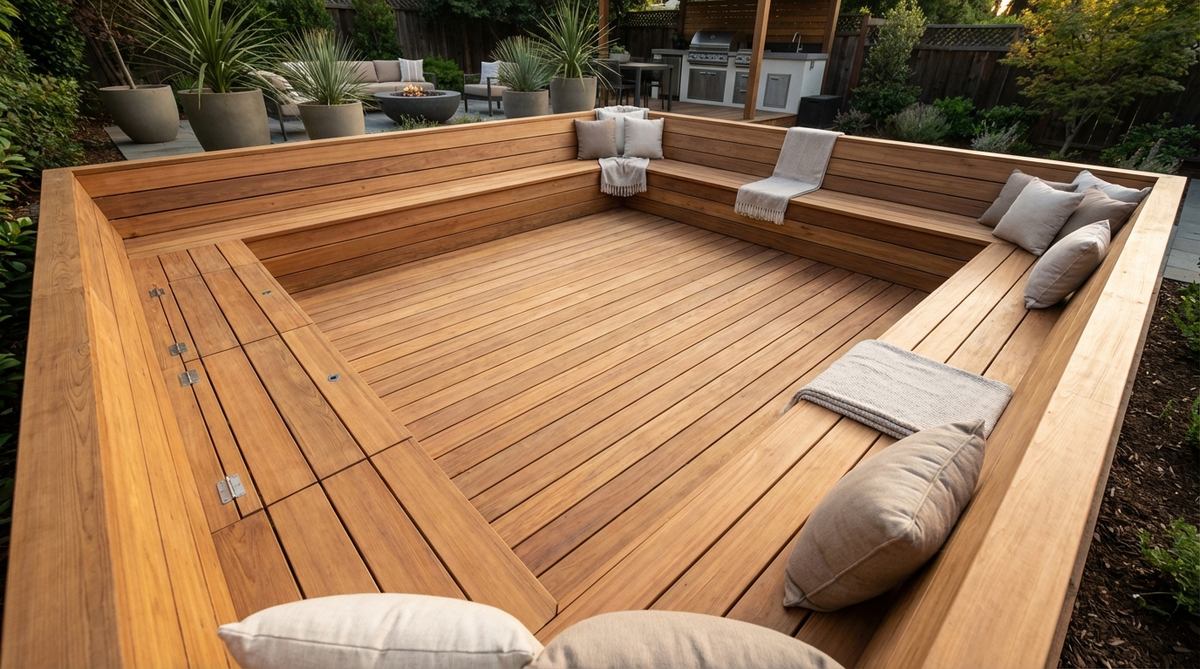 A modern deck-integrated perimeter bench showcasing built-in seating that frames the edges of a contemporary garden deck. The bench uses matching decking material for visual continuity, with comfortable proportions of 18-20 inch height and 16-18 inch depth. Features include hinged sections for concealed storage and seamless integration with the deck surface through matching stain or finish.