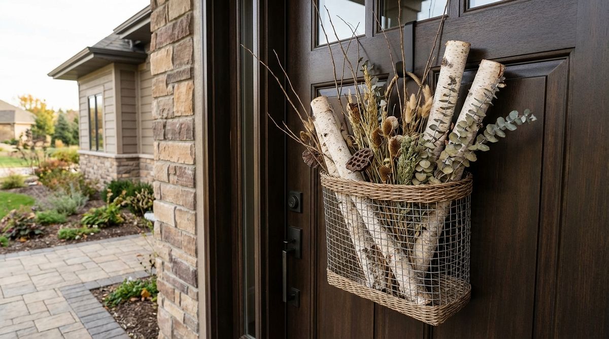 A flat-backed wire or wicker basket hung on a front door, filled with birch logs, bare branches, and dried botanical elements for dimensional interest, suitable for modern or contemporary home exteriors as an alternative to traditional wreaths.