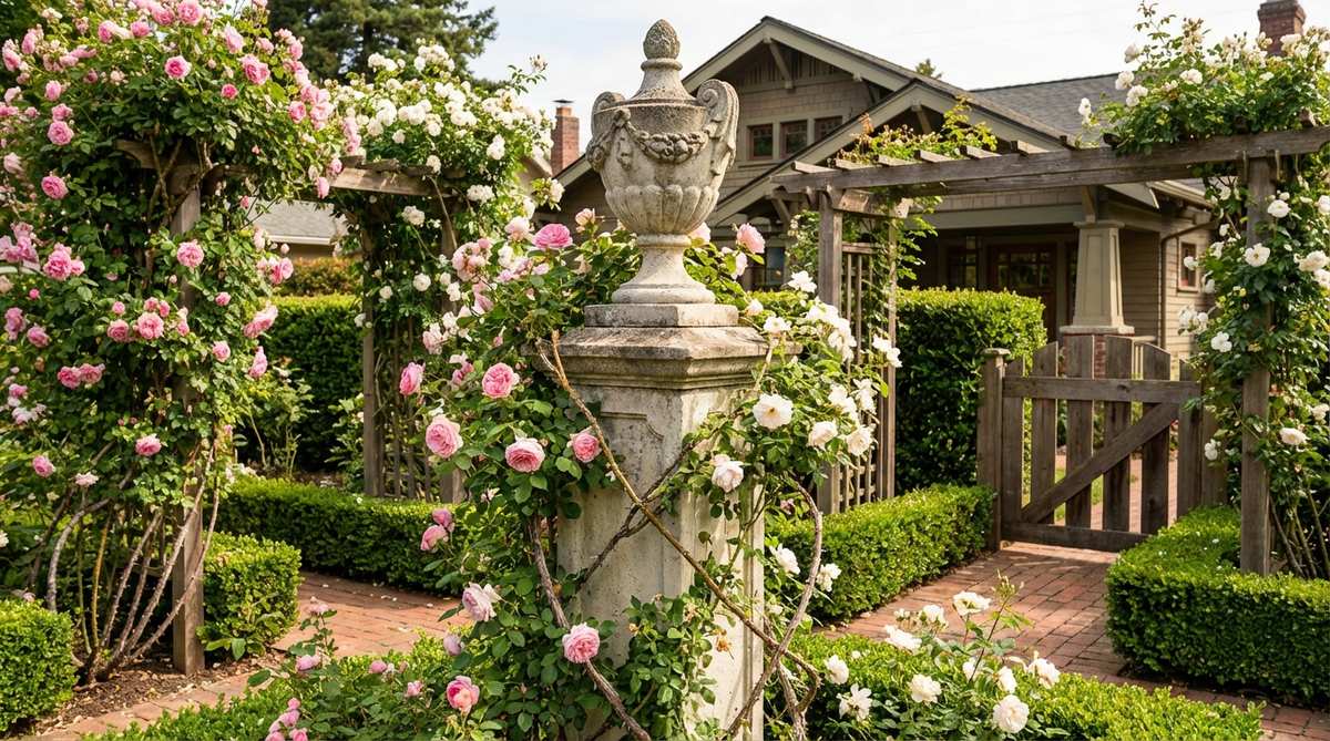 An ornamental garden pillar with a decorative finial top, such as a sphere or urn, used in rose garden design to add vertical structure and prevent roses from extending beyond their intended height.
