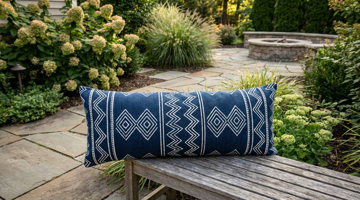 A boho decor pillow featuring a deep navy base with contrasting white geometric patterns, adding visual weight and sophistication to any space. Ideal for year-round use in outdoor settings, it provides a crisp look in summer and a cozy feel in fall, while the dark color helps conceal minor stains.
