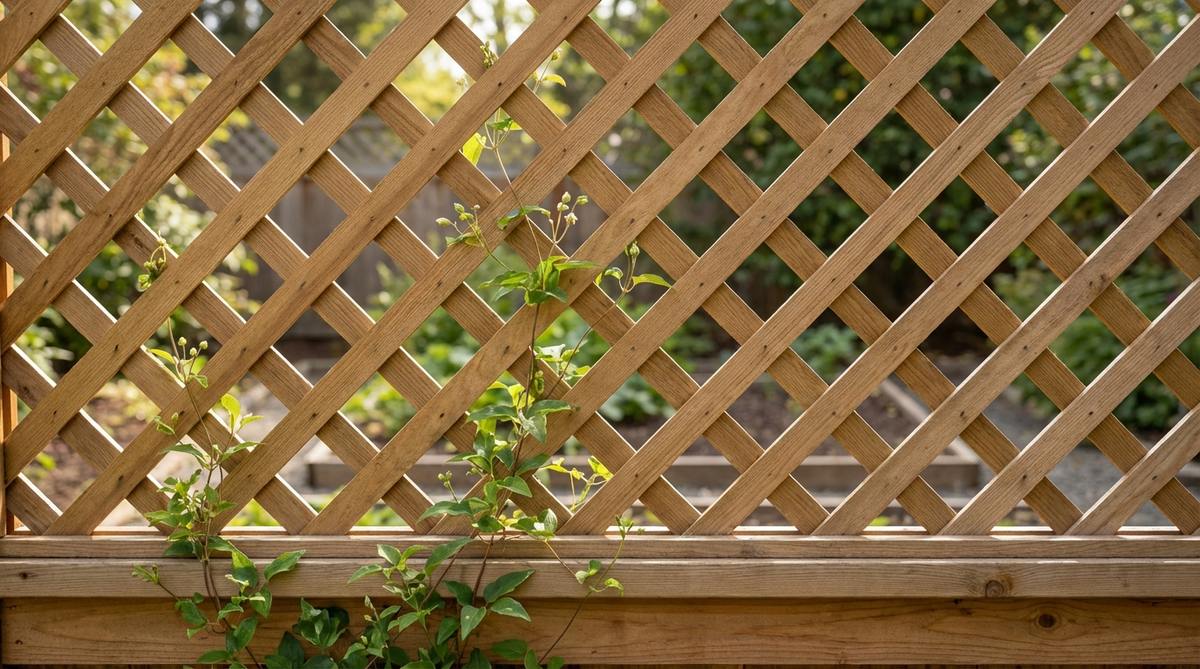 A close-up photo showing diagonal lattice fence panels made of thin wood slats forming diamond grid patterns. The open structure allows light and air to pass through while providing partial privacy screening. The panels are installed atop a solid base section, with climbing vines beginning to grow up the lattice structure. The wood is stained in a natural finish that complements the garden setting.