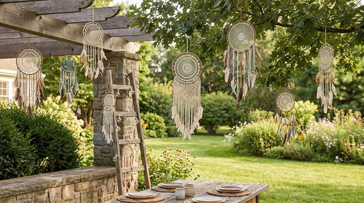 A bohemian-style hanging installation featuring multiple dream catchers in various sizes, suspended from tree branches, pergola beams, or decorative ladders. The circular woven designs with feather accents create visual rhythm at different heights, symbolizing free-spirited celebration and serving as conversation starters for a boho decor birthday theme.