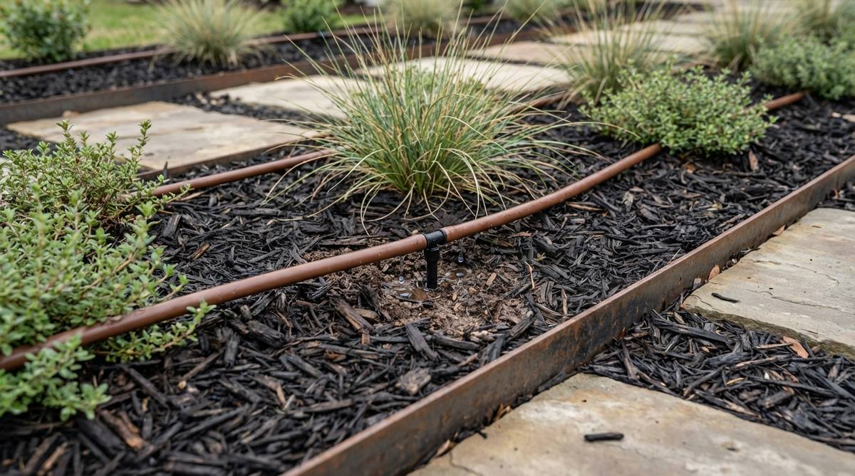 A close-up view of drip irrigation tubing with emitters delivering water directly to plant root zones in a contemporary garden setting, showing proper installation under mulch with pressure-compensating emitters for efficient water distribution.