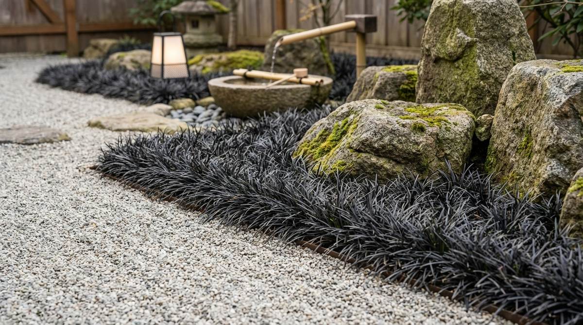 A close-up photo showing dwarf mondo grass used as edging in a zen garden. The dark, fine-textured foliage creates a sharp border defining gravel areas and stone groupings, with the low-growing plants requiring no cutting maintenance.