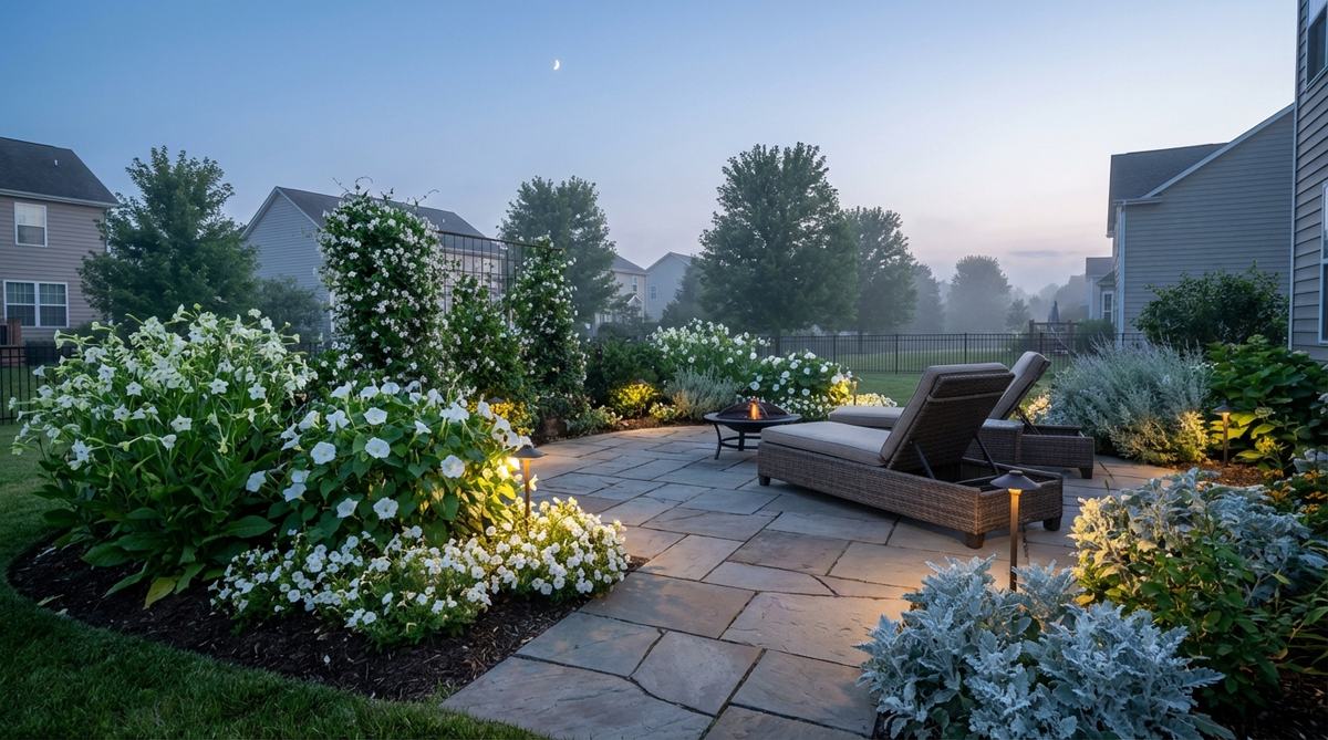 A serene moon garden featuring glowing white flowers and silver foliage at dusk, with night-scented plants like nicotiana and jasmine arranged near a patio for evening relaxation and sensory enjoyment.
