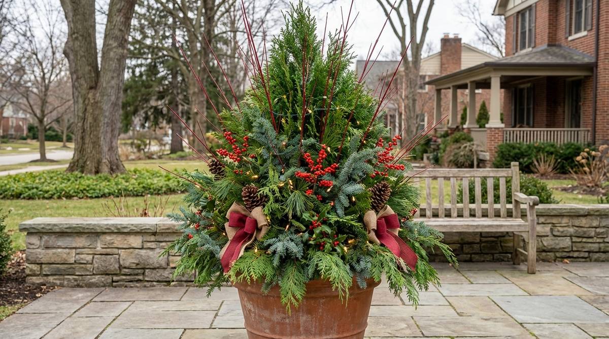 A vertical arrangement of arborvitae, juniper, and cypress branches in a large outdoor urn, creating a living sculpture for garden designs. Features red twig dogwood stems, holly berry clusters, and festive decorations like LED lights, bows, or pinecones, reaching 3-5 feet in height.
