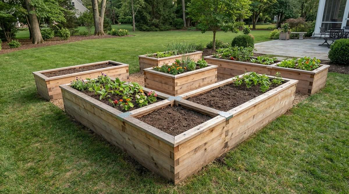 Modular cedar garden bed system with 4x8 foot base units and expansion modules showing L-shaped and linear configurations. Natural cedar construction with dado joints and connecting plates for easy assembly without special tools.