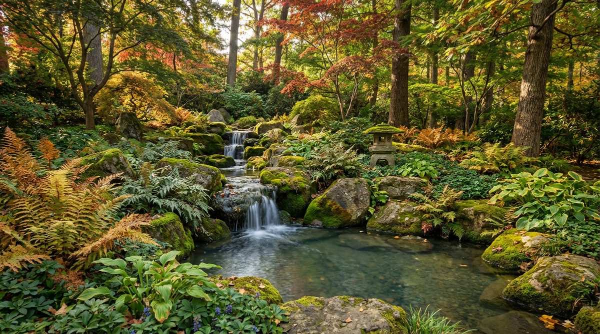 A naturalistic water feature in a Japanese garden, surrounded by shade-loving ferns and forest groundcovers creating a woodland atmosphere. Autumn ferns and Japanese painted ferns are arranged in asymmetric clusters that frame the water basin without obscuring it, perfect for residential gardens in the Pacific Northwest and Northeast where woodland aesthetics dominate.