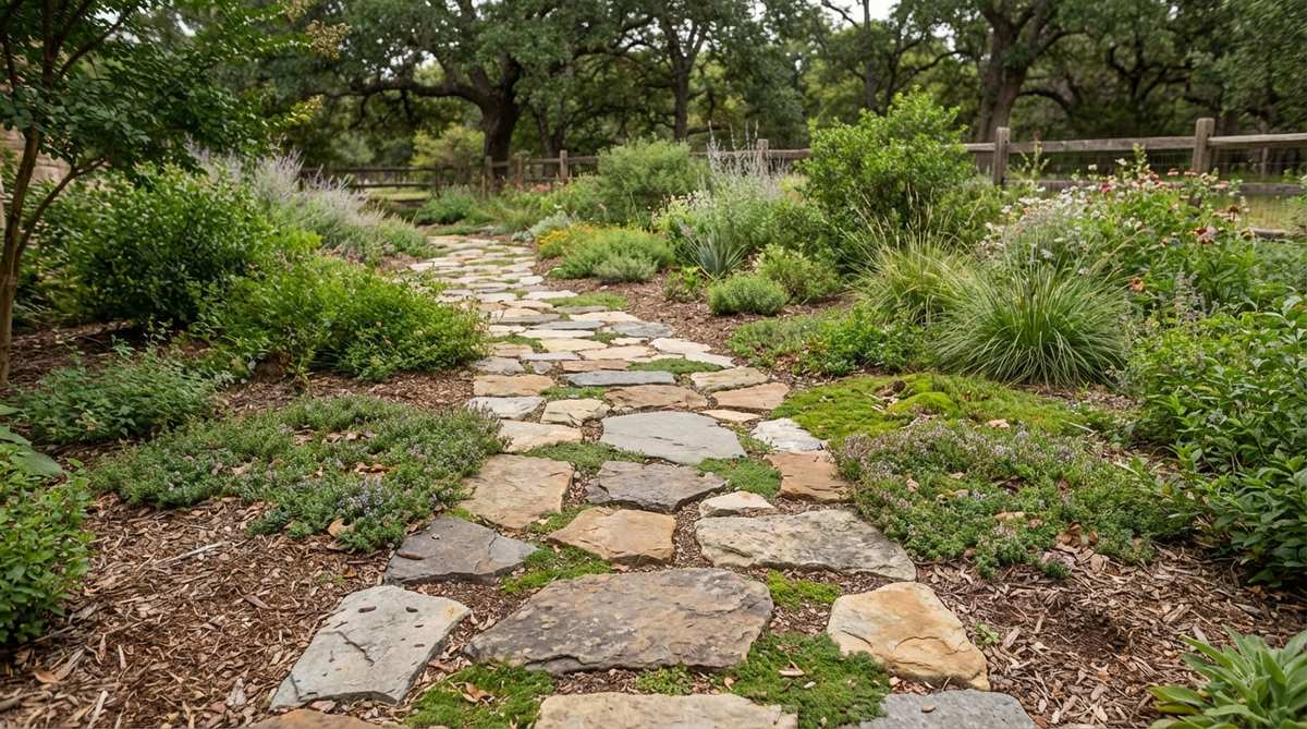A natural garden pathway created with locally sourced fieldstones arranged in an intentionally irregular pattern. The flat-topped stones of varying sizes are scattered organically to accommodate walking patterns, celebrating regional geology and creating a seamless transition between cultivated garden areas and the surrounding natural landscape.