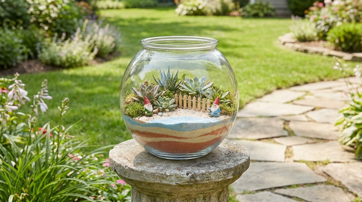 A vintage round fishbowl transformed into a miniature garden with layers of colored sand, small plants, and whimsical accessories visible through clear glass. The spherical shape provides 360-degree viewing and works beautifully on pedestals.