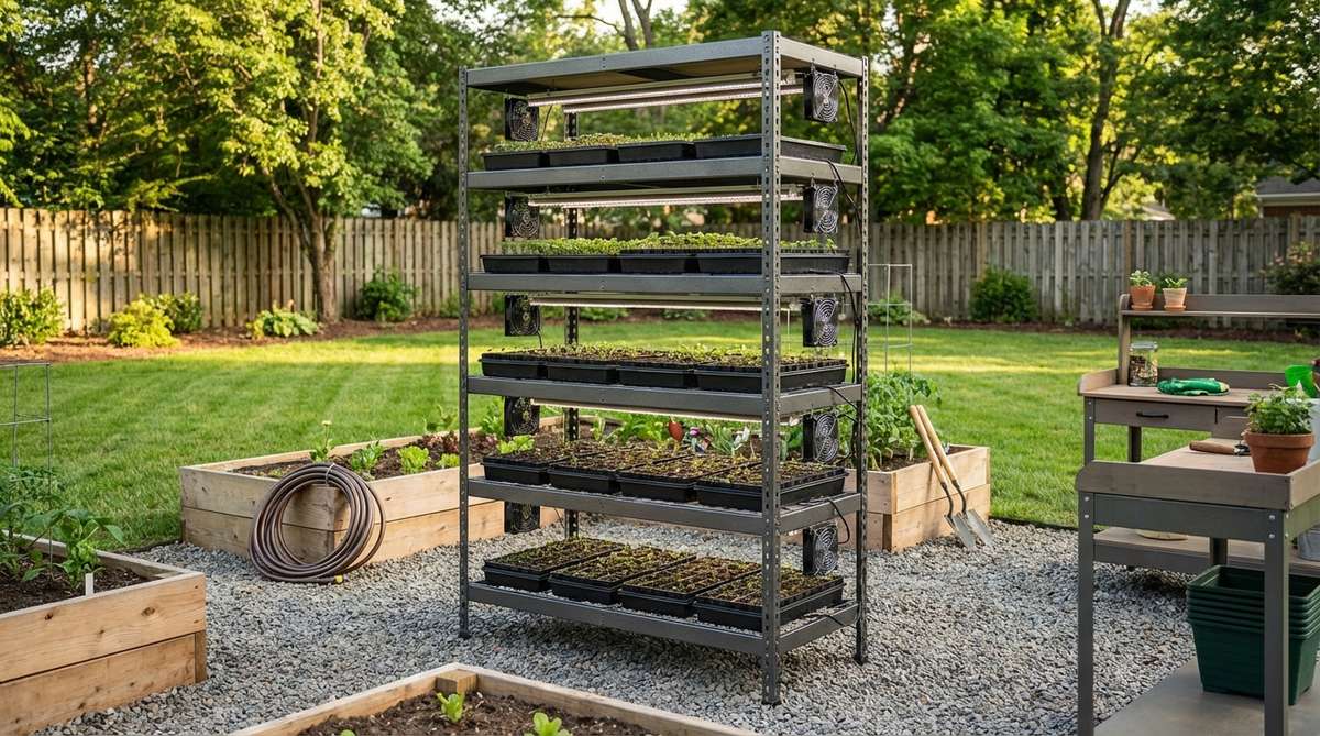 A robust industrial-grade seed starting tower with five adjustable shelves, each supporting up to 50 pounds, ideal for serious gardeners managing large-scale seedling production.